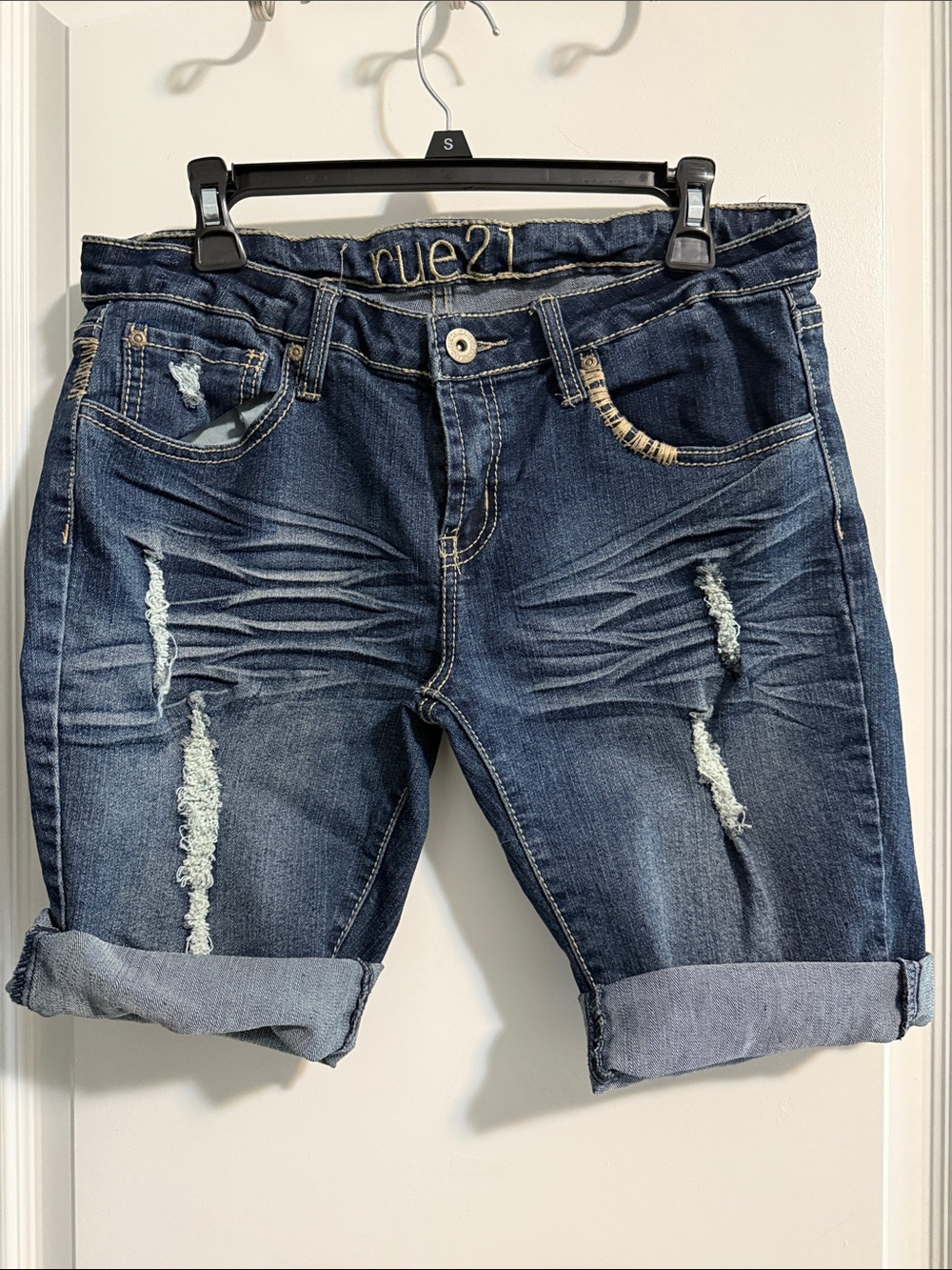Rue21 Dark Wash Distressed Denim Bermuda Shorts